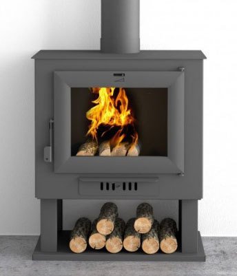 Holzofen FM CH-0, frontal mit Holzfach, 11 kW – Komplettes Installationsset